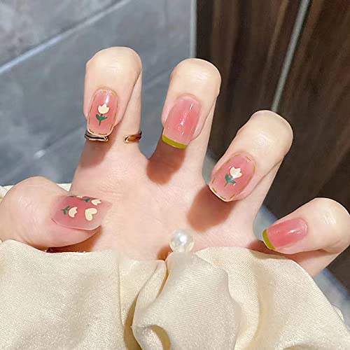 DOUBNINE Press na noktima kratki kvadratni ružičasti cvijet Cvjetajući francuski vrh Gossry akrilni lažni nokti sa ljepilom balerina