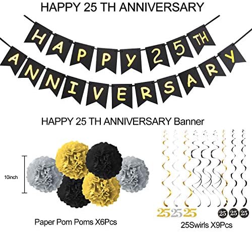 25. godišnjica Dekoracije za zabavu - Gold Glitter sretan baner 25. godišnjica, 9pcs pjenušava 25 viseći vrtlog, 6pcs Poms - za 25.