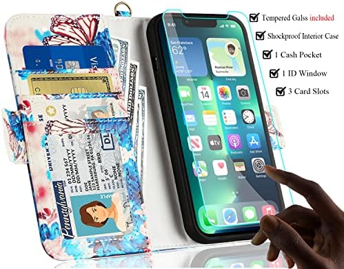 Samgg futrola za iPhone 13, kožni magnetni poklopac sa preklopnim novčanikom sa [RFID blokadom], remenom za ruke, kaljenim staklom,
