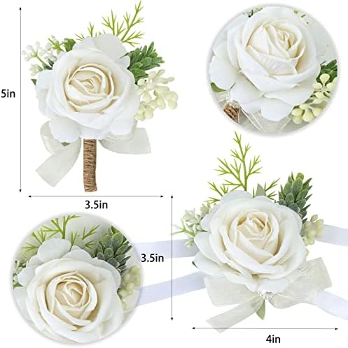 Cewor CORSAGE i BOutonniere Set, Corsage za ručne zglob za maturu i dioniče za muškarce Vjenčanje, umjetna bijela ruža Cvijeće za