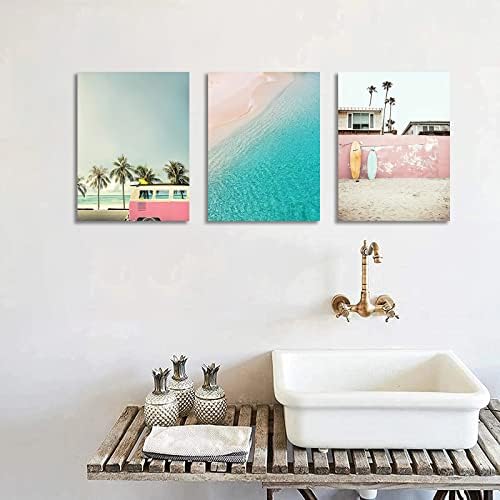 Plaža slika Print obalna slika kupatilo dekor ljeto Surfboard Poster plava Teal okean vokacija autobus Artwork Pink Surfboard Print