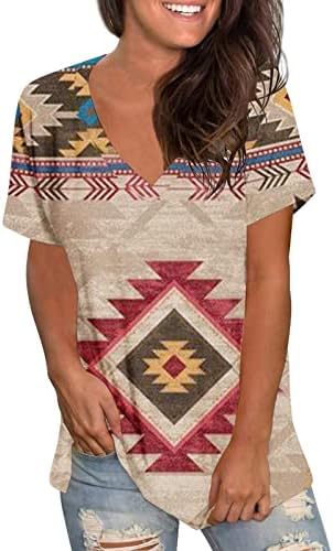 Ženski Ljetni Vrhovi Vintage Aztec Etničke Majice Casual Kratki Rukav Geometrijski Print Tees V Vrat Labava Bluza