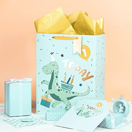 WRAPAHOLIC 16 izuzetno velika poklon torba za 1. rođendan sa čestitkom i papirnatim papirom - divan dizajn dinosaurusa za dječaka,