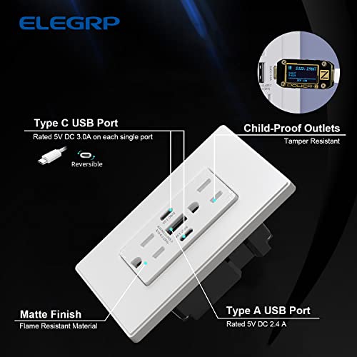 ELEGRP USB utičnica, 30W 6,0 AMP USB C primete, 3-priključak USB zidne utičnice, 15 amp otporna na tamne sa 2 USB C priključka, ul,