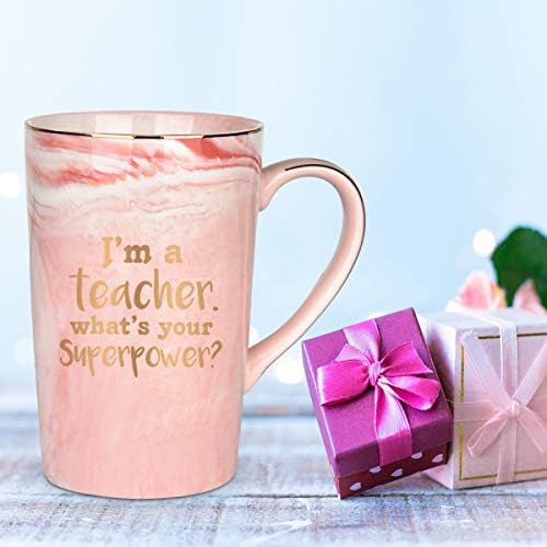 Yhrjwn Učiteljske šolje za žene-Ja sam učitelj, koja je vaša supermoć - šolje za poštovanje učitelja - šolja za kafu učitelja - šolja za Dan Učitelja - 14oz roze Mermerna šolja sa izuzetnom kutijom