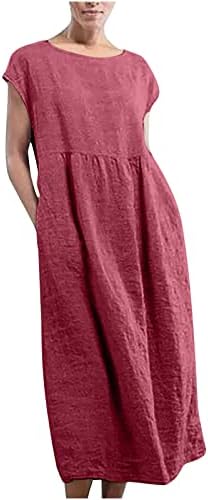 Ženski čvrsti okrugli vrat bez rukava Maxi džepovi posteljina labava vrećasta Kaftan duga haljina ljetna Retro duga haljina
