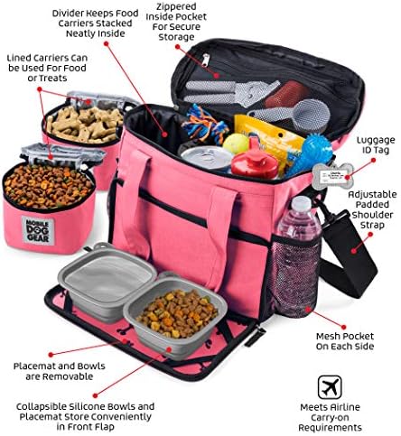 Mobilna oprema za pse, sedmična putna torba za male pse, uključuje obložene nosače hrane i 2 sklopive posude za pse, Pink