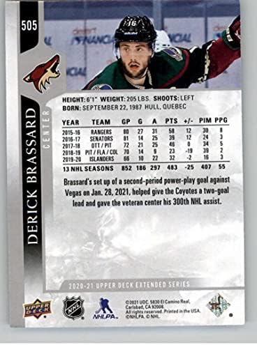 2020-21 Gornja paluba Proširena serija 505 Derick Brassard Arizona Coyotes NHL hokejaška trgovačka kartica