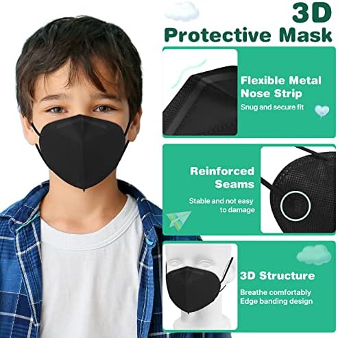 XDX Kids KN95 maske za djecu, 100 pakovanja pojedinačno umotanih crnih jednokratnih maski za lice, 5 slojeva Kn95 maska za djecu,