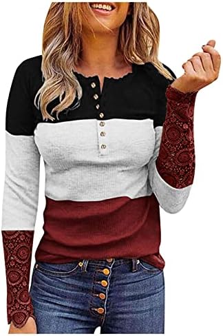 Ženske dugih rukava Henley majica blok u boji niz tee vrhovi šuplji rebrasti pletene pletene majice