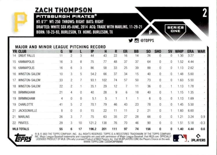 2023 TOPPS 2 Zach Thompson NM-MT Pittsburgh Pirates Baseball Trgovačka kartica MLB