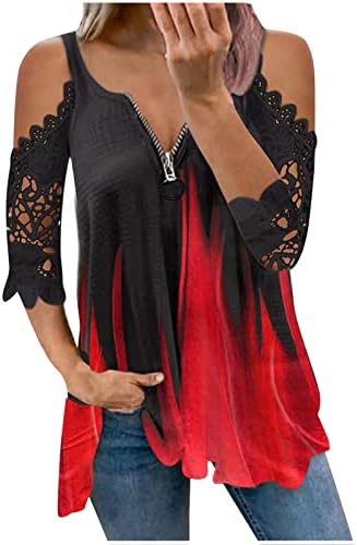 Žensko hladno rame 2023 Slip sklizne rukave čipke pamučne boje blok blok Grafička labava majica bluza na vrhu za dame